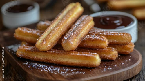Delightful churros presented attractively with a rich chocolate sauce