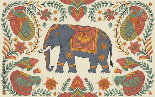 Indian Madhubani Folk Art, Ornate Decorated Elephant in a Floral Frame
