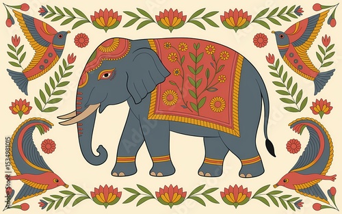 Indian Madhubani Folk Art, Ornate Decorated Elephant with Birds and Floral Border