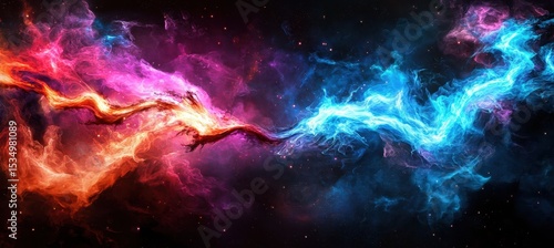 A vibrant cosmic swirl of red and blue nebulae collide in a dynamic, colorful space scene filled with glowing light and intricate gaseous textures.