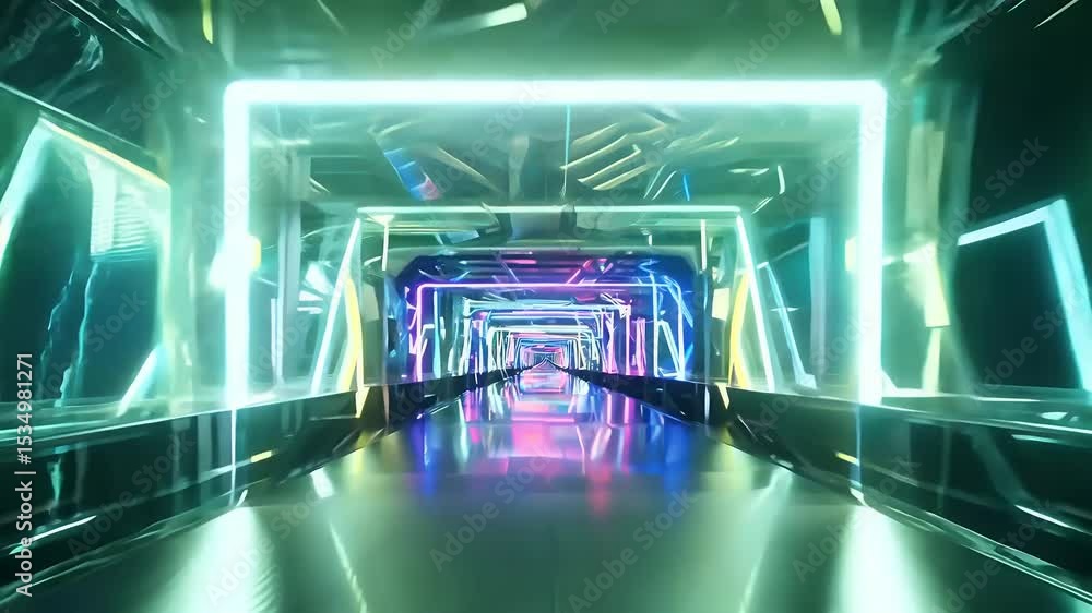 Inside luminous digital corridor pulsing multicolor neon lights shift high tech panels vivid glow immersive motion evoke futuristic infrastructure cyberpunk energy making dynamic 4K loop ideal sci fi