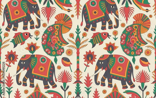 Indian Madhubani Folk Art, Vibrant Indian-Inspired Pattern with Elephants, Fish, and Flowers