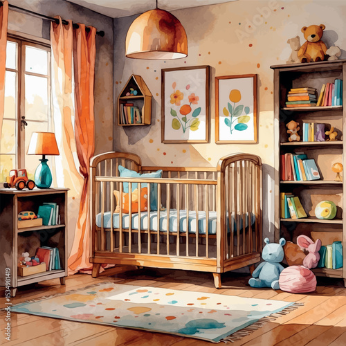 Watercolor children’s room scene. Cozy nursery interior with crib bookshelf and toys