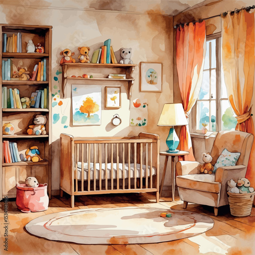 Watercolor children’s room scene. Cozy nursery interior with crib bookshelf and toys