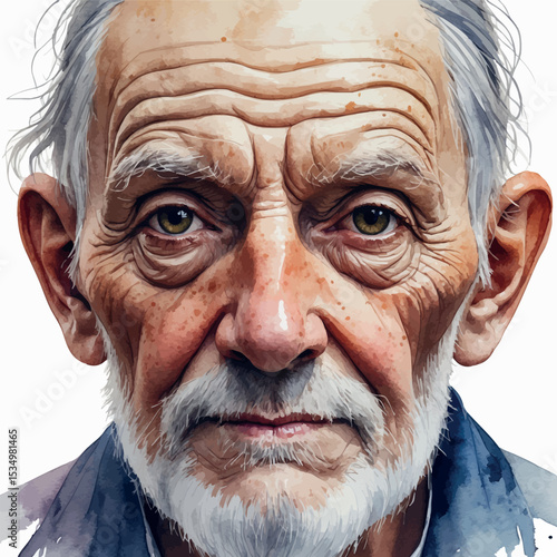 Realistic watercolor portrait of an elderly face with expressive wrinkles