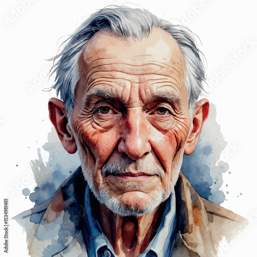Realistic watercolor portrait of an elderly face with expressive wrinkles