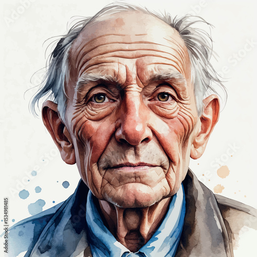 Realistic watercolor portrait of an elderly face with expressive wrinkles
