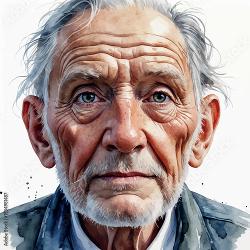 Realistic watercolor portrait of an elderly face with expressive wrinkles