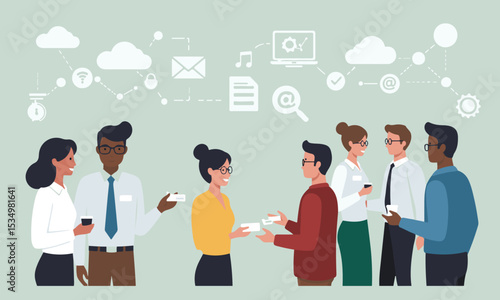 Modern flat illustrations of diverse business teams collaborating, communicating, and networking, surrounded by digital icons representing various business functions and technology