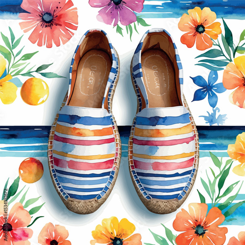 Watercolor summer espadrilles with striped pattern beach fashion illustration