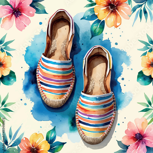 Watercolor summer espadrilles with striped pattern beach fashion illustration