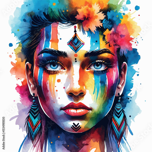 Watercolor face with tribal elements and bold artistic paint stripes