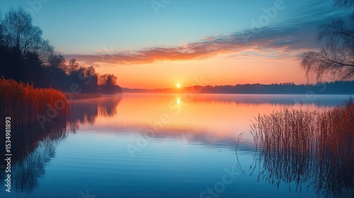 Wallpaper Mural Idyllic Sunrise Reflecting on Calm Water Body Surrounded by Nature Creating Peaceful Morning Landscape Atmosphere   Torontodigital.ca