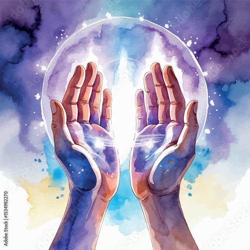 Watercolor illustration of hands performing reiki healing. Gentle energy glow with purple and blue aura isolated on white background.