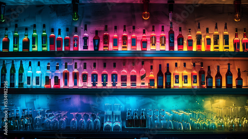 Colorful liquor bottles on illuminated bar shelves with neon lights
