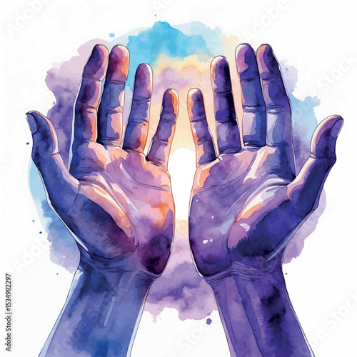 Watercolor illustration of hands performing reiki healing. Gentle energy glow with purple and blue aura isolated on white background.