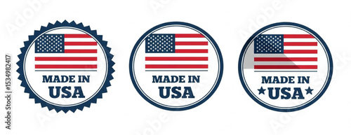 Made in USA Stamps with American Flag Icon | Product Label and Origin Guarantee Vector Graphics for Patriotic Marketing Materials