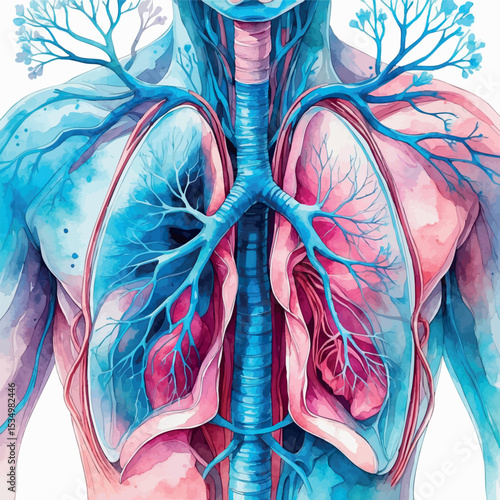 Human lungs with bronchial tree watercolor artwork. Botanical-inspired anatomical illustration with delicate blue and pink palette.