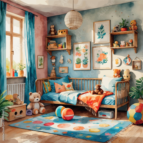 Cozy childhood room in nostalgic watercolor style with toys and warm colors