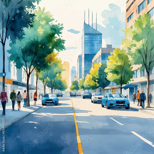 Modern city street in watercolor style with cars and people walking