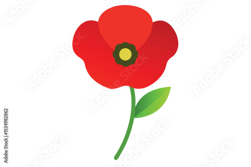 Vivid Red Poppy A Detailed Floral Illustration with Leaf and Stem