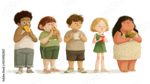 A group of children with different body types, including one overweight child, eating a variety of snacks
