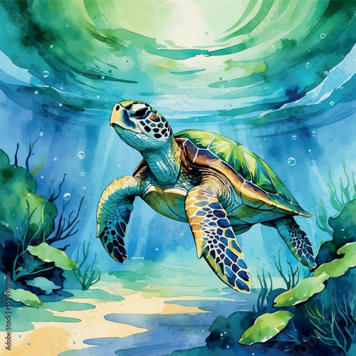 Sea turtle watercolor underwater. Blue-green tones with soft ripples and detailed shell.