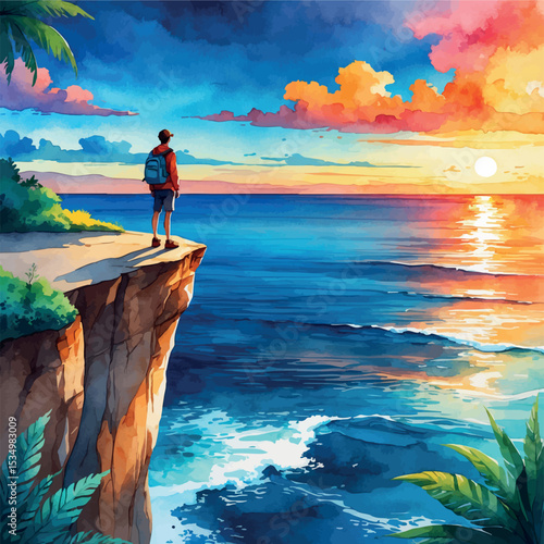 Watercolor cliffside journey moment – traveler looking at sunset ocean view