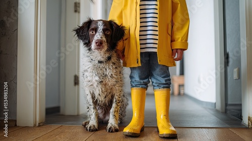 Smiling child wearing yellow raincoat and muddy boots with dog indoors
