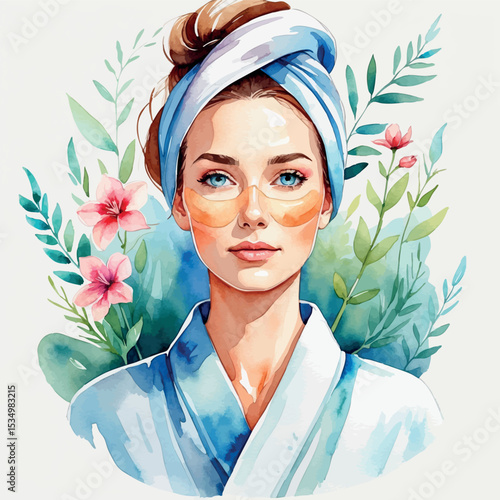 Anti-aging face treatment in spa – watercolor vector illustration of beauty care