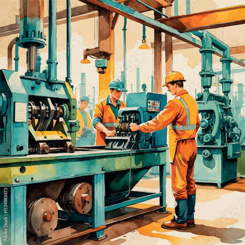 Watercolor of factory workers operating machines in vintage industrial environment