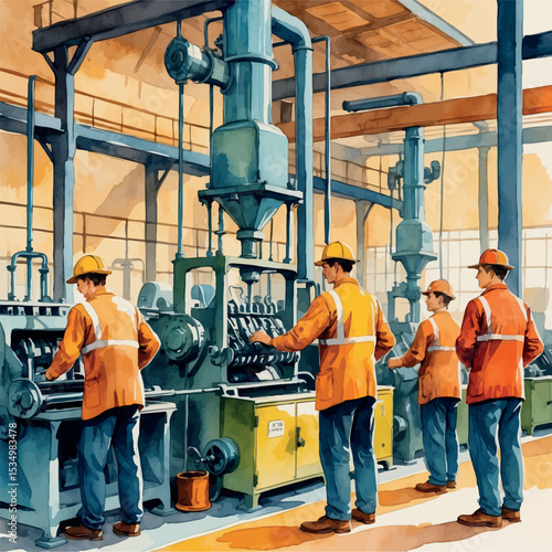 Watercolor of factory workers operating machines in vintage industrial environment