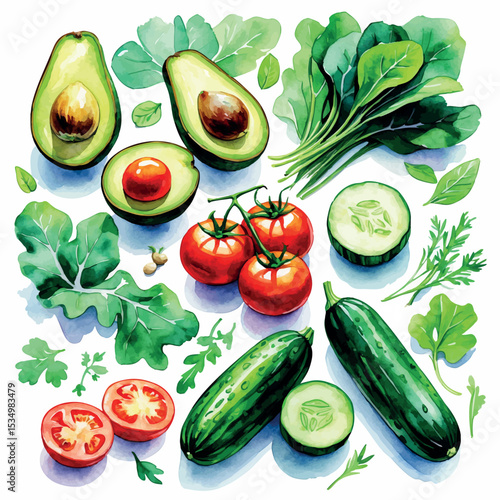Watercolor vegan food ingredients with fresh vegetables and leafy greens