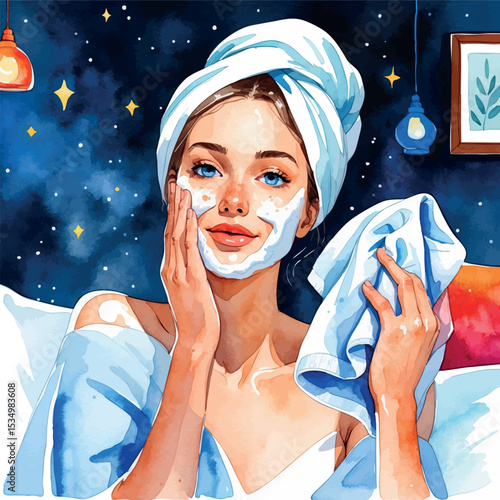 Night skincare ritual – watercolor vector of face cleansing routine