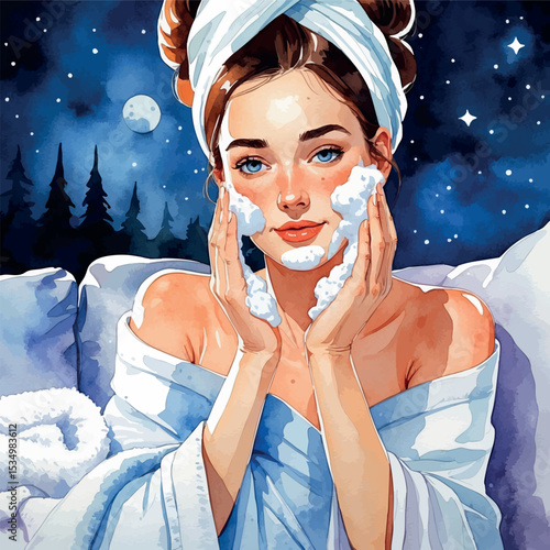 Night skincare ritual – watercolor vector of face cleansing routine