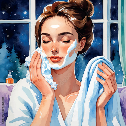 Night skincare ritual – watercolor vector of face cleansing routine