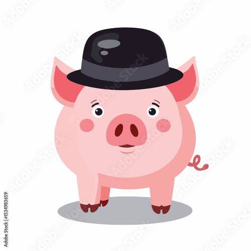 Charming pig in black bowler hat on clean white background, whimsy