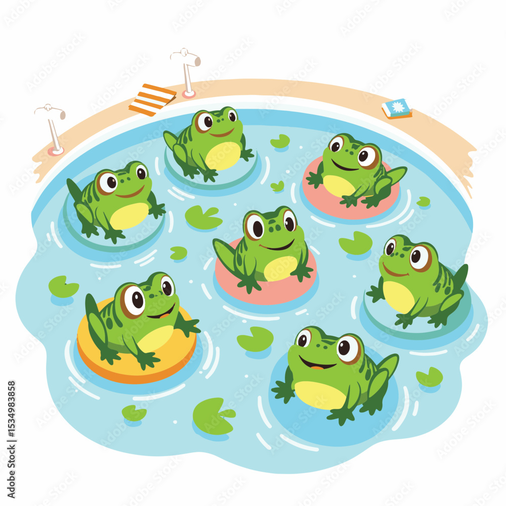 Obraz premium Happy frogs enjoying a pool party on lily pads, summer fun