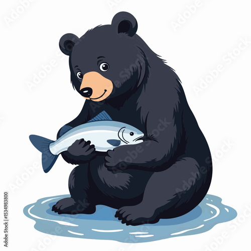 Cute black bear holding fish by clear stream, nature's bounty