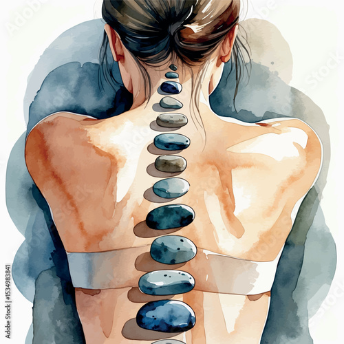 Watercolor vector of hot stone back therapy for deep relaxation and balance