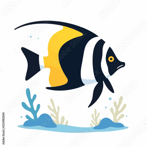 Moorish idol fish swimming in minimalistic underwater scene, tranquility