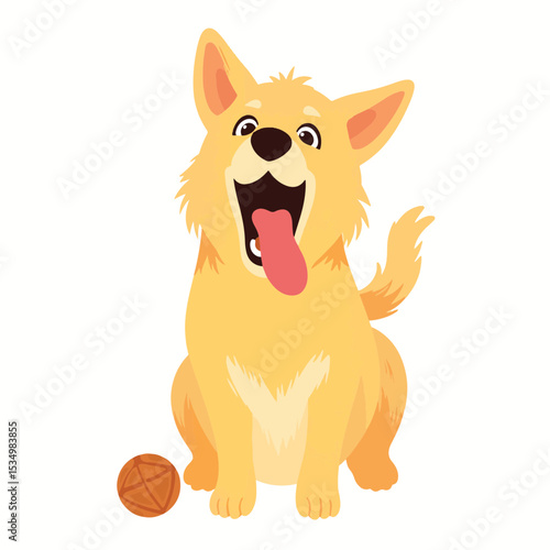 Playful golden dog yawning with a toy ball, joyful expression