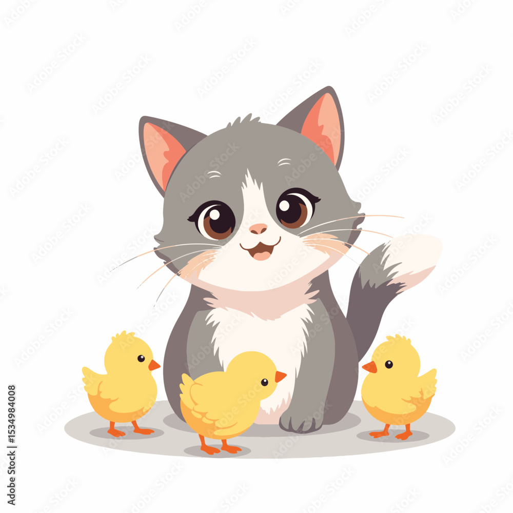 Fototapeta premium Curious cat playing with fluffy chicks on white background, innocence