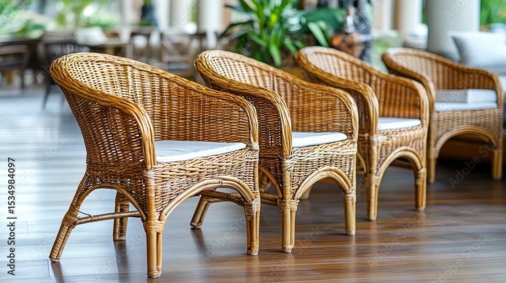Obraz premium Three wicker chairs lined up, light beige cushions
