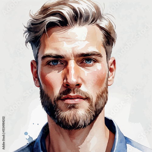 Watercolor portrait of a man with beard in cool tones expressive and artistic face illustration
