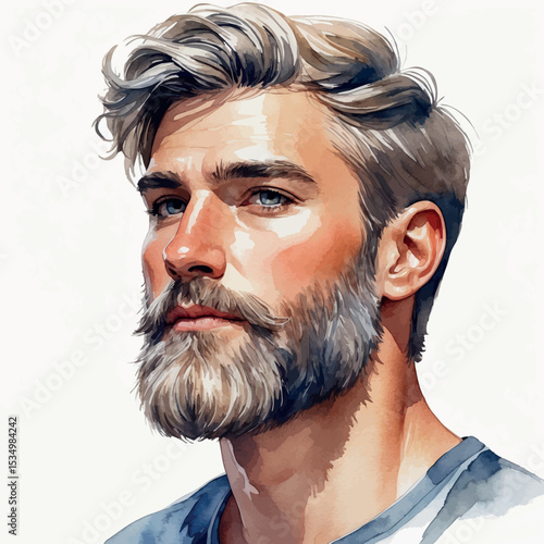Watercolor portrait of a man with beard in cool tones expressive and artistic face illustration