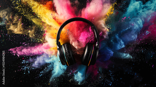 Black headphones surrounded by colorful powder clouds