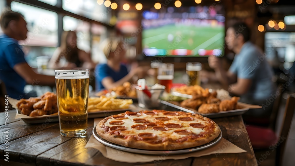 Delicious pepperoni pizza, fries, and beer served at a cozy sports bar during a live game Delicious pepperoni pizza, fries, and beer served at a cozy sports bar during a live game