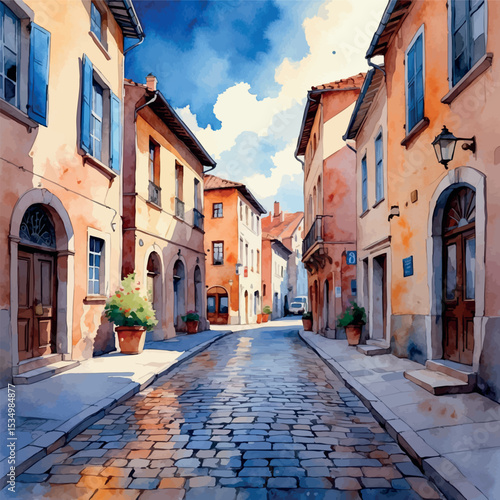 Watercolor old European street with cobblestones and historic buildings