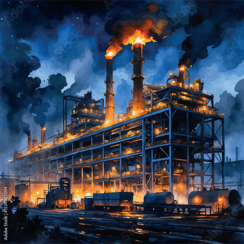 Night scene of steel factory – watercolor with glowing lights and dramatic mood